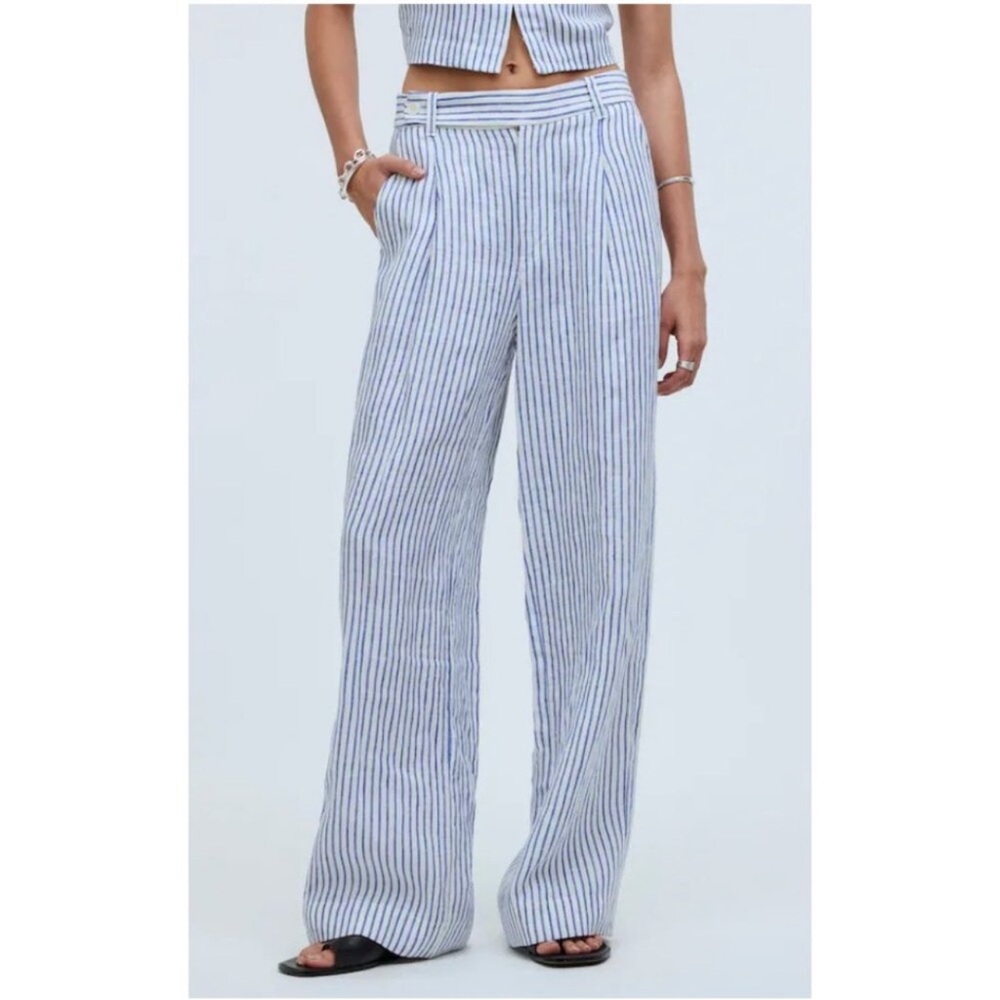 Madewell Harlow Wide Leg Pant 100% Linen Bluestone Stripe Size 2